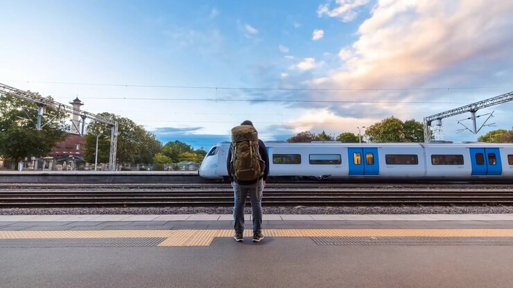 Rear view of lone backpacker standing on railway platform while commuter train rushes by as wide horizontal blur, warm open doorway light glowing against cool dusk station setting, with backpacker