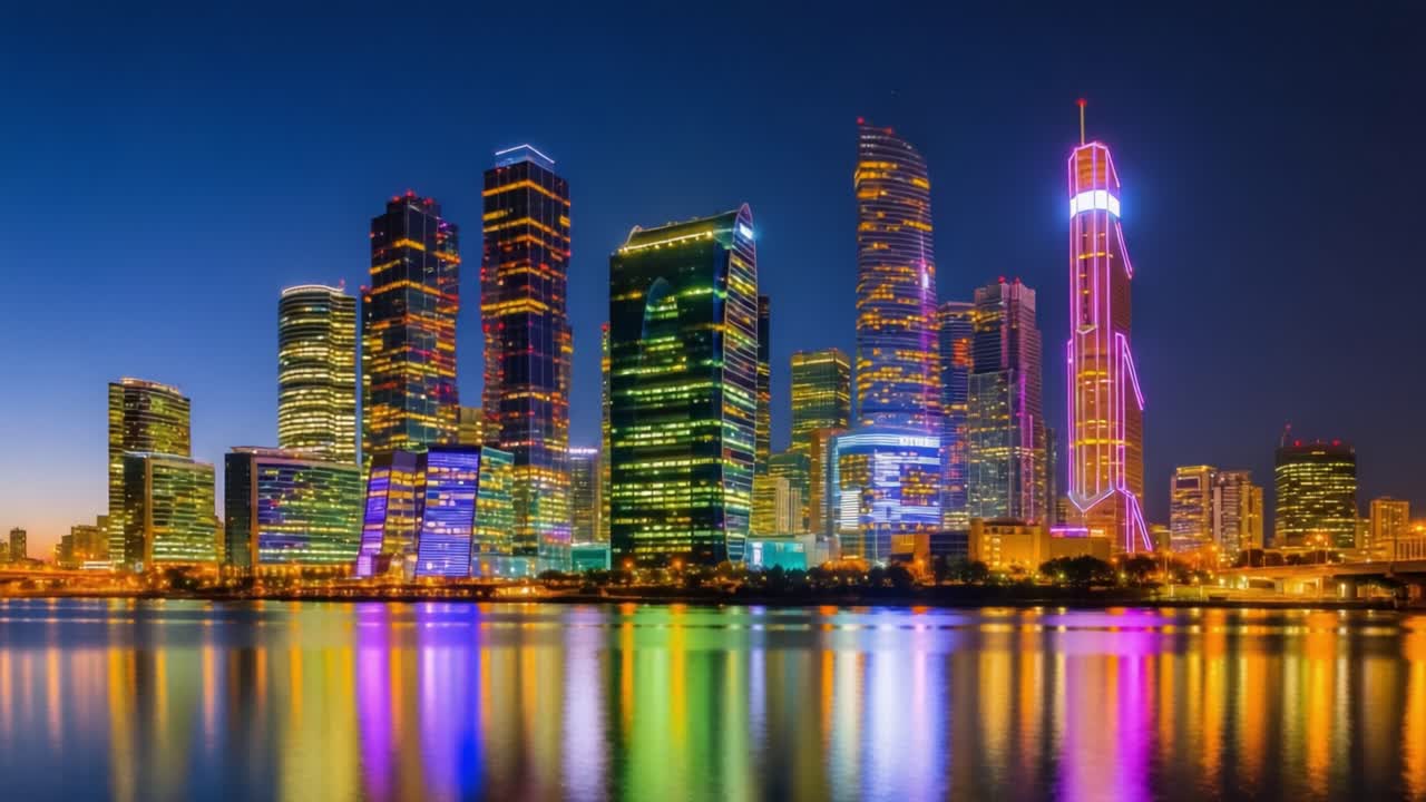 Stunning Urban Skyline at Dusk: A Breathtaking Transformation from Daylight to Night with Vibrant Colors Reflecting on Water Surfaces in a Metropolis