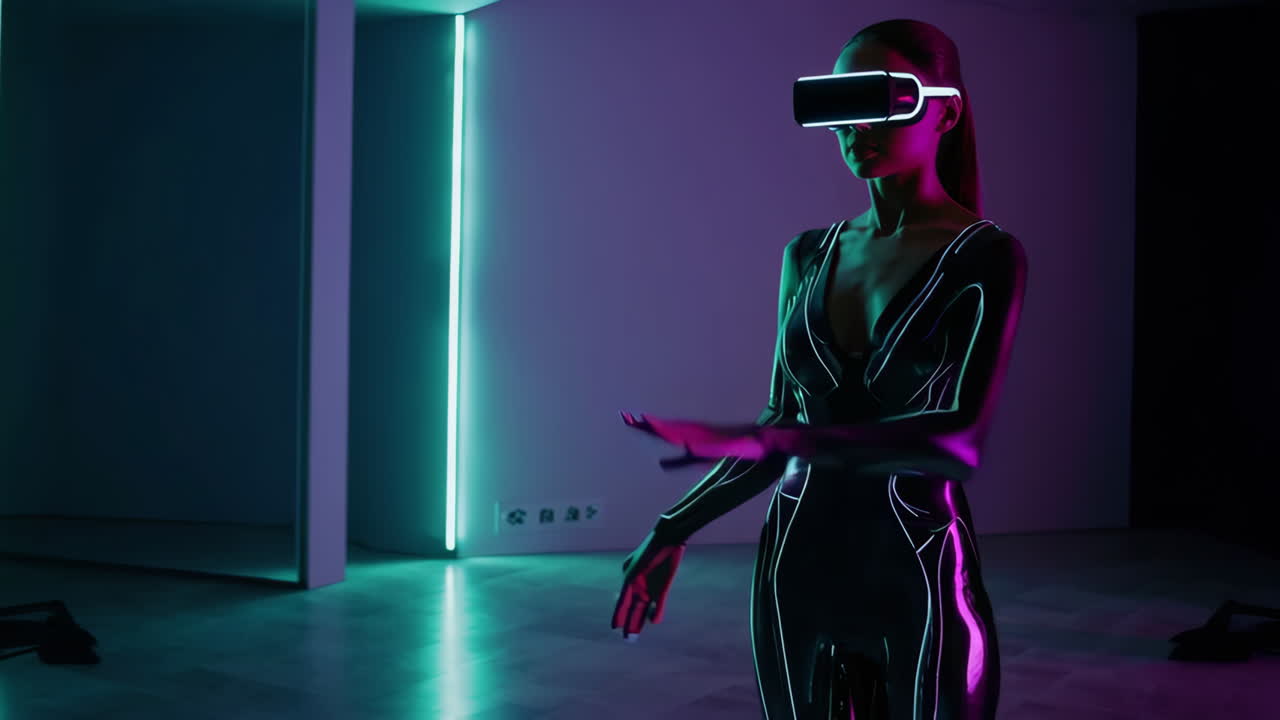 Woman in Futuristic VR Goggles Immersed in a Virtual World with Neon Lighting