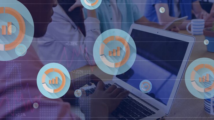 Typing on laptop, person in meeting with data analytics animation over screen