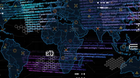 Weltkarte-Mit-Datenpunkten-Und-Kodierungsanimation-Auf-Dunklem-Hintergrund