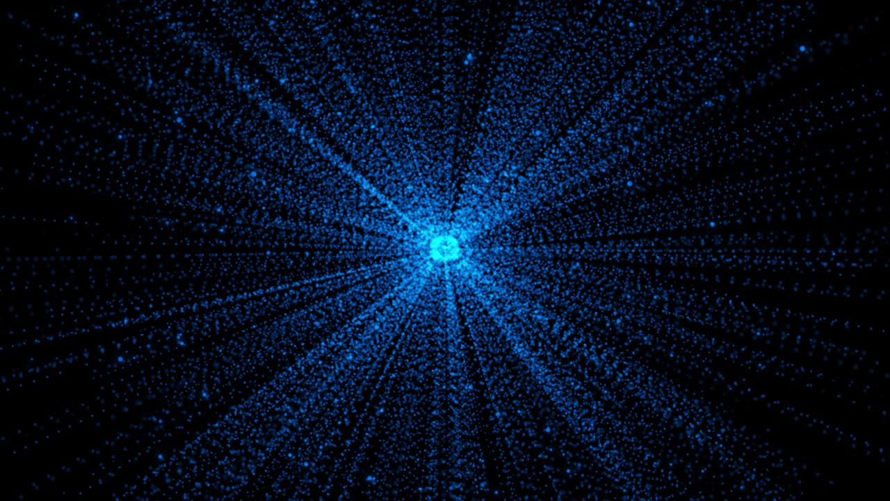 disparo de puntos de línea futurista de partículas abstractas con movimiento de llamarada de la lente central
