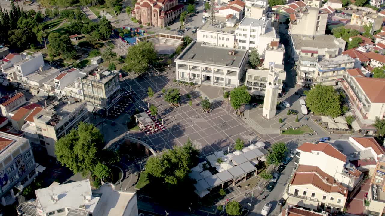 Xanthi City Center Clock Tower Square, Aerial Panoramic View, Point of Interest Shot, Thrace Greece
