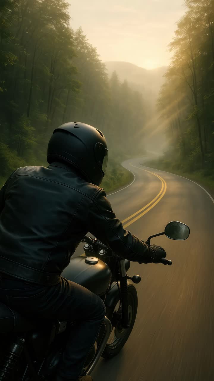 Un fotogramma video cinematografico di un motociclista su una strada forestale tortuosa all'alba, ripreso da dietro