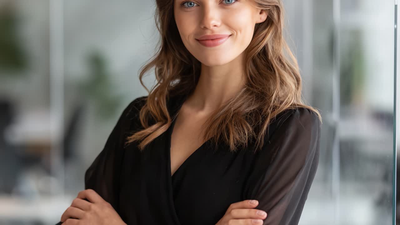 Confident Young Woman Smiling in Professional Setting, Radiating Positivity and Approachability with Stylish Attire and Engaging Expression