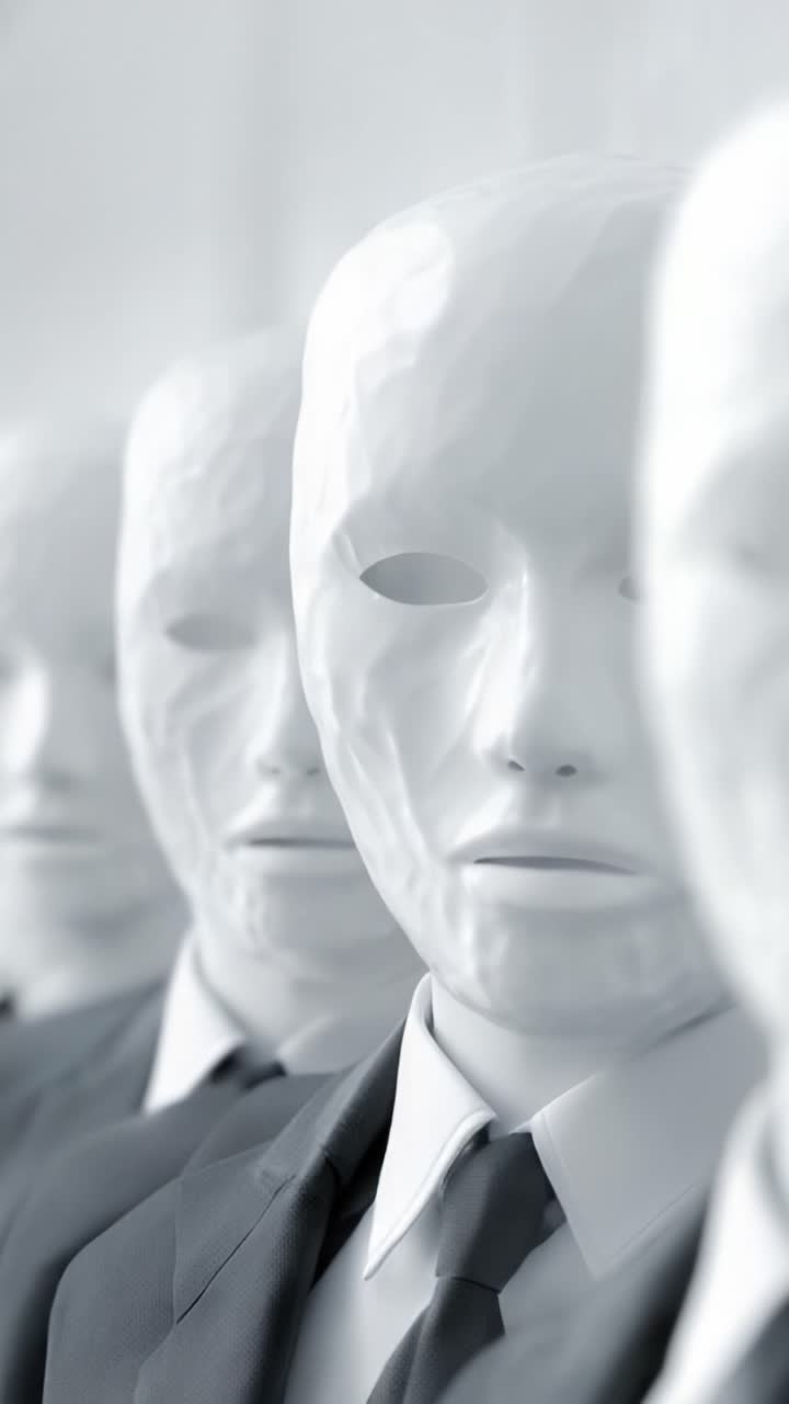 Una serie di manichini senza volto in un ambiente contemporaneo, che esprimono temi astratti di identità e percezione con un'estetica monocromatica.