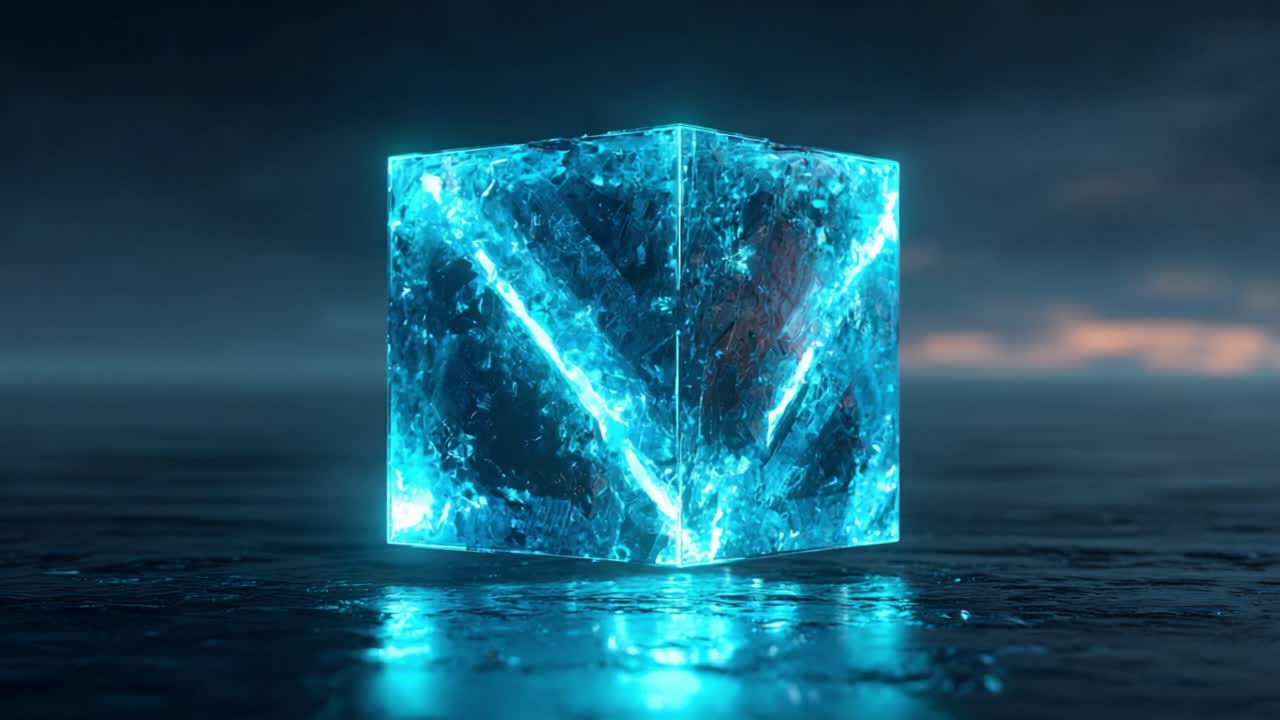 Translucent ice cube spins on a wet reflective surface, glowing with brilliant blue internal light that reveals intricate cracks and crystalline texture in a futuristic, sci fi scene