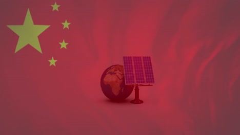 Animación-De-La-Bandera-China-Ondeando-Sobre-Paneles-Solares-Y-Globo-Terráqueo.