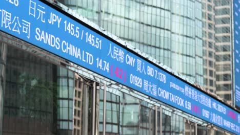 a low-angle view of a woman using a smartphone in the financial hub of exchange square (hkex), home to the hong kong stock exchange, with ticker symbols flashing behind her as she walks off the frame.