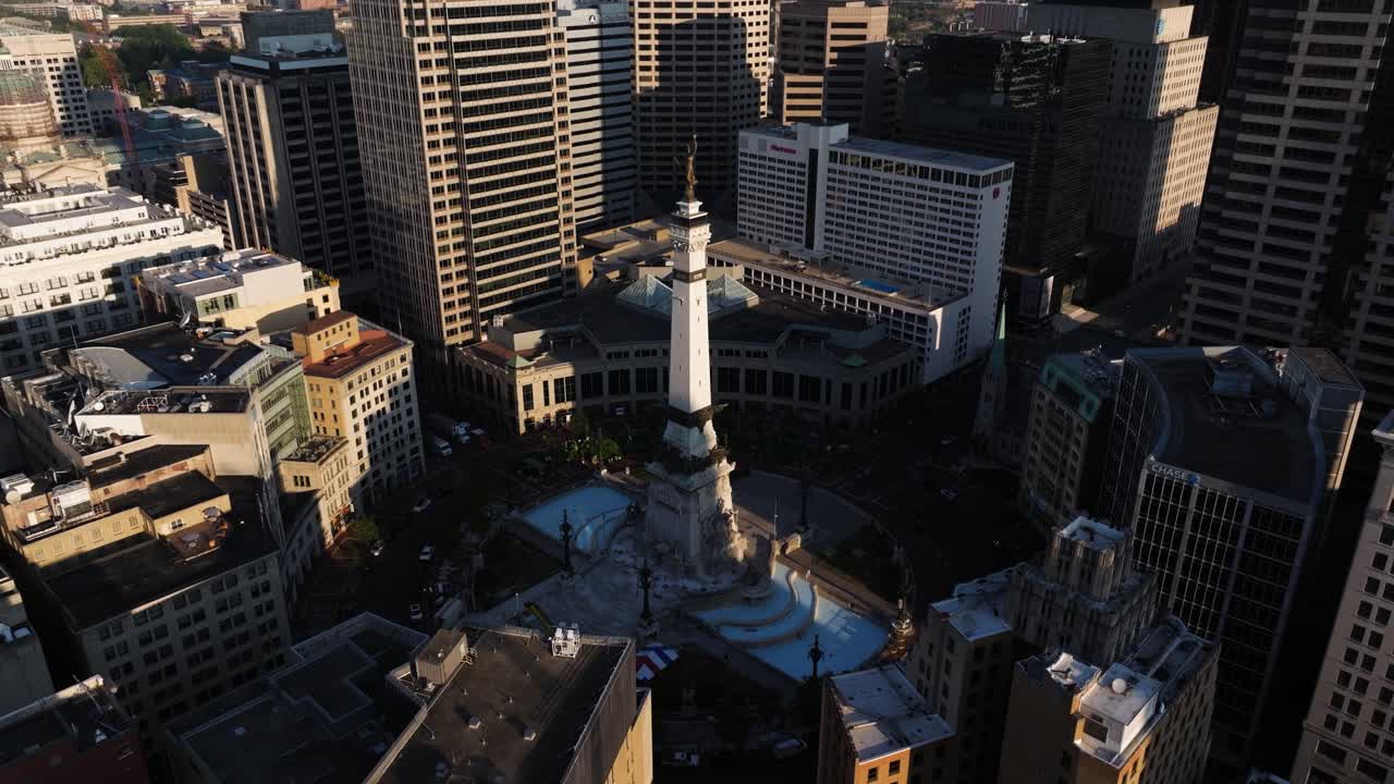 Monument Circle at Sunrise, Downtown Indianapolis Aerial Establishing Drone Shot