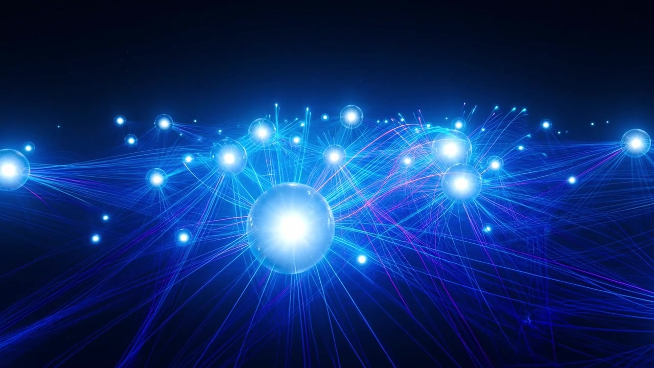 Dynamic Digital Network with Glowing Spheres and Data Flow