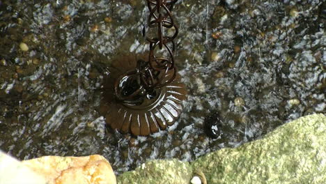 the bottom end of a japanese rain chain, or kusari-doi sits in a drainage channel