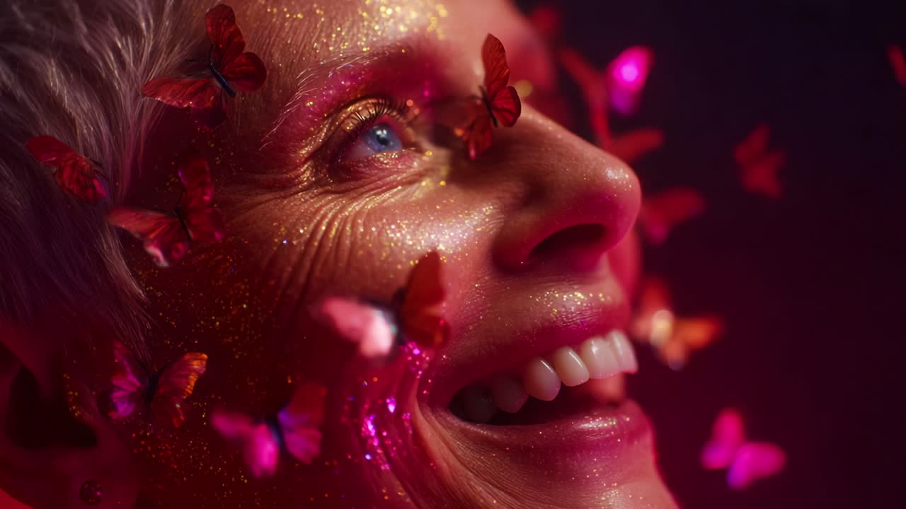 A Captivating Portrait of Joy: A Radiant Individual Surrounded by Delicate Butterflies and Shimmering Glitter, Capturing the Essence of Elegance and Natural Beauty in a Dreamlike Atmosphere