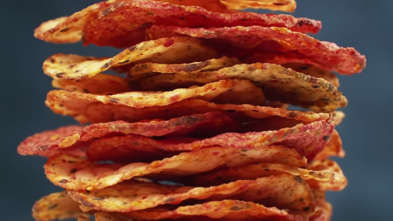 A Visual Delight of Crispy Snacks: A Towering Stack of Colorful, Crunchy Chips Perfect for Any Snack Time or Party Setting, Showcasing Their Irresistible Texture and Flavor