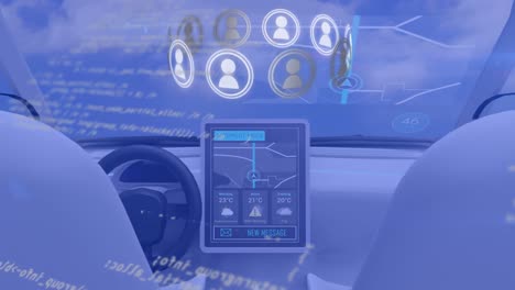 animación de la red con iconos y procesamiento de datos con la cabina del coche sobre fondo azul