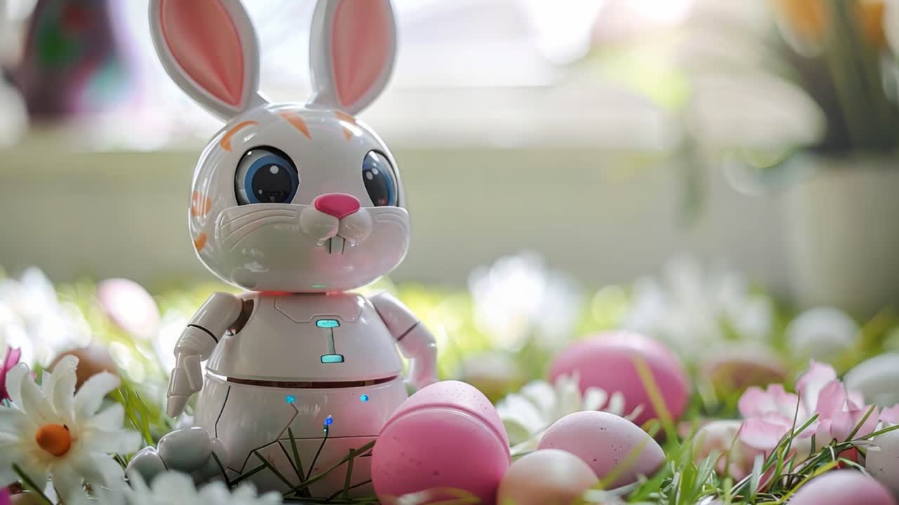Roboterhase inmitten von Ostereiern und Frühlingsblumen