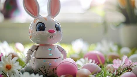 robot bunny amidst easter eggs and spring flowers