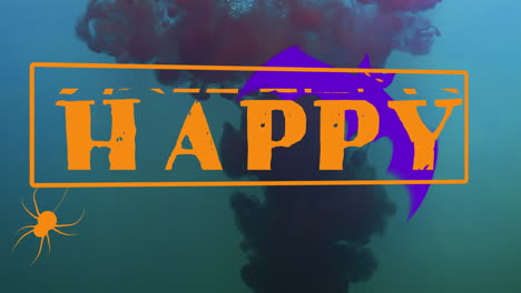 animation of happy halloween text and bat over blue background