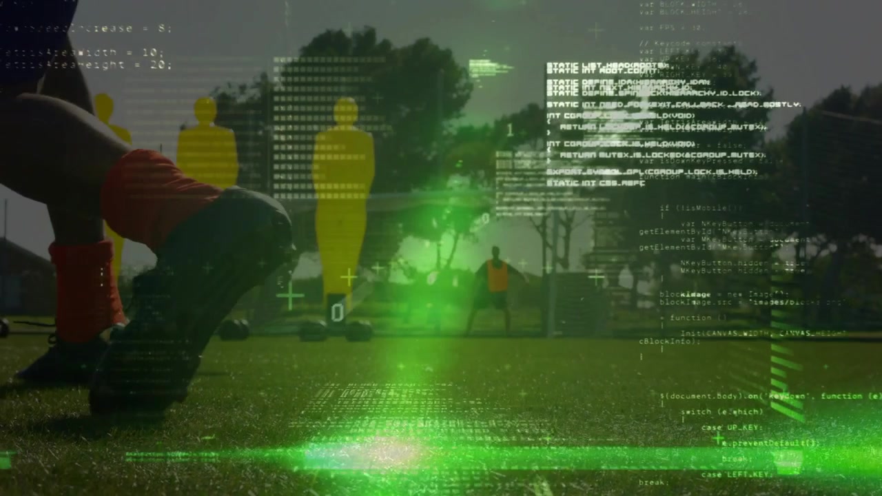 Player approaching and kicking soccer ball past dummies while green overlay guiding sports analysis