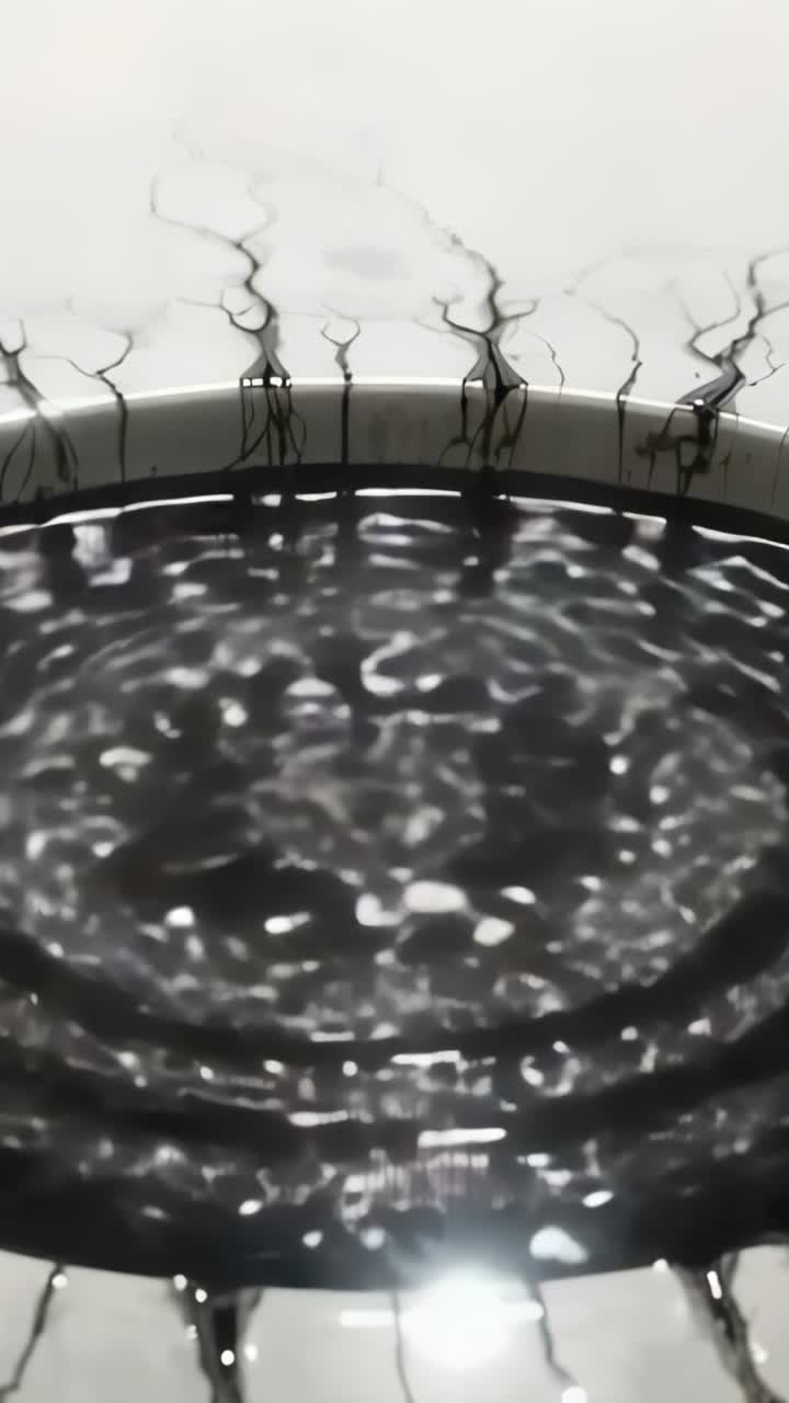 Vertical video: Oscillating black fluid in white container vibrating at lab, with light reflection