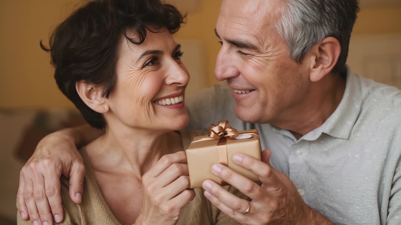 Un uomo anziano offre un regalo dorato a una donna sul divano, condividendo amore e indossando una fede nuziale