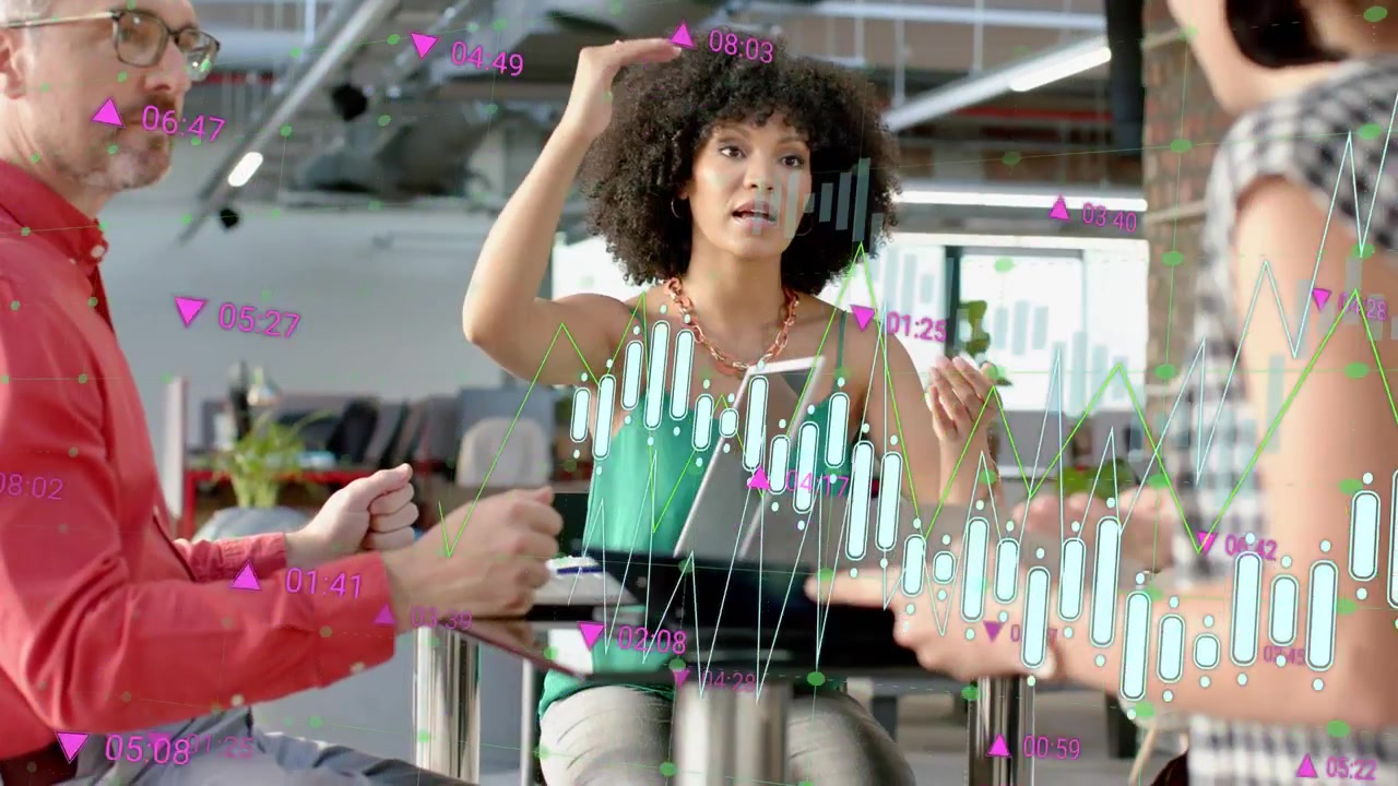 Lead starting meeting gesturing and explaining finance charts synced to gestures for insight