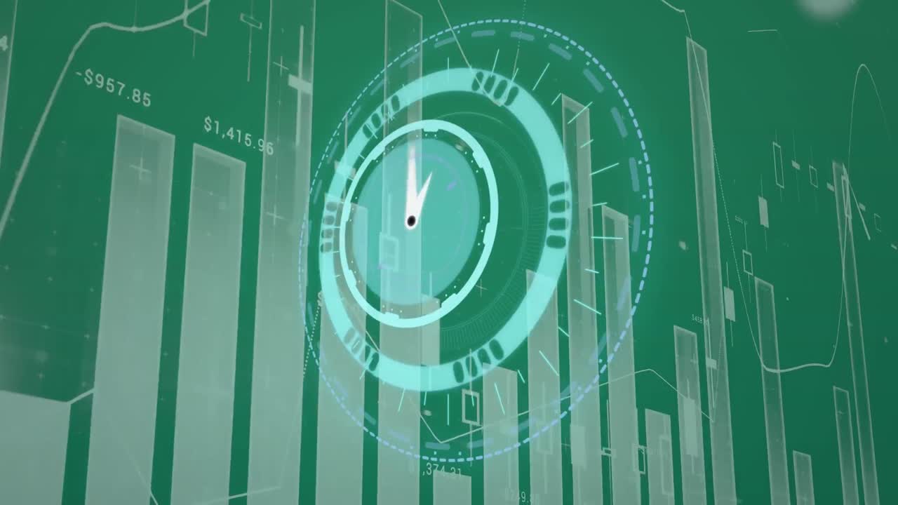 Animation of clock over graphs on green background