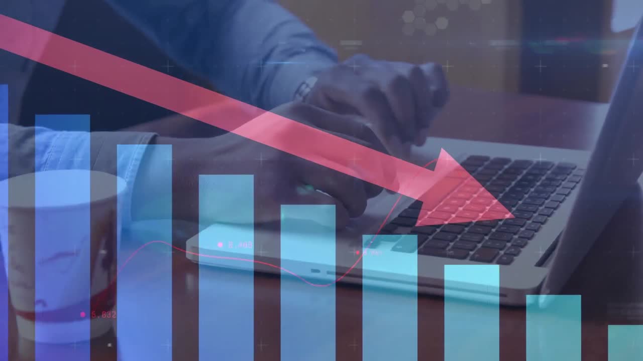 Animation of red arrow and statistics processing over businessman using laptop