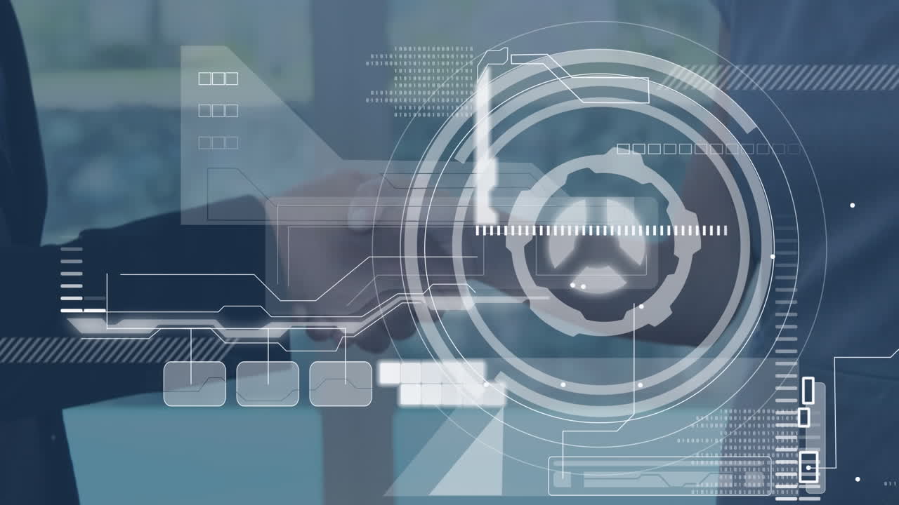 비즈니스맨과 비즈니스맨이 손을 흔들고 있는 중간 섹션에서 둥근 스캐너와 데이터 처리