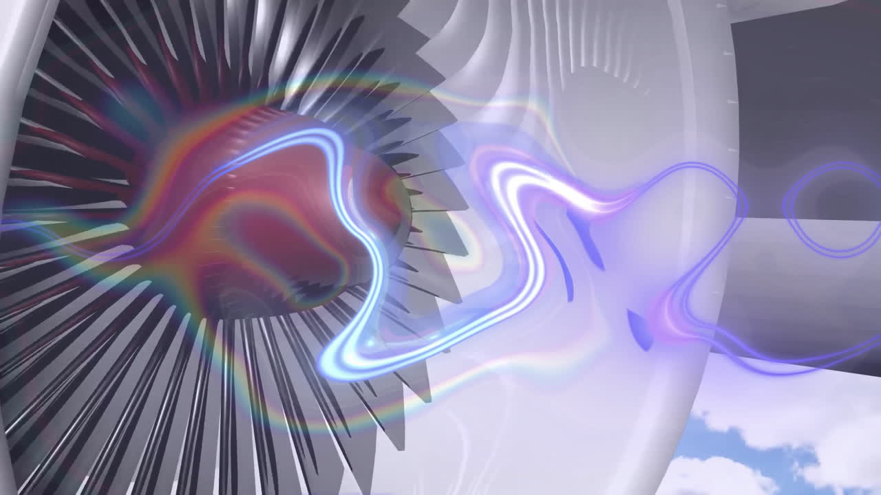 jet engine fan blades rotating while visualizing airflow patterns inside nacelle with neon overlays