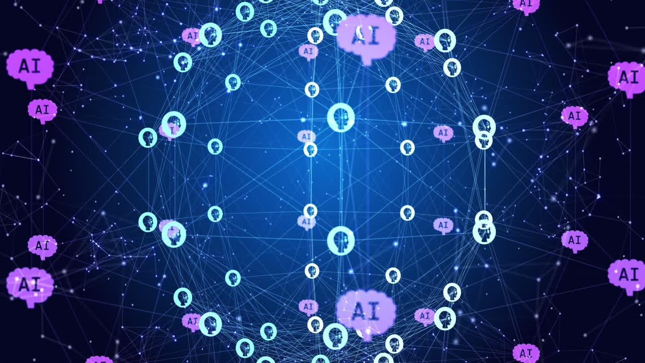 Animation of ai text and icon, data processing over globe
