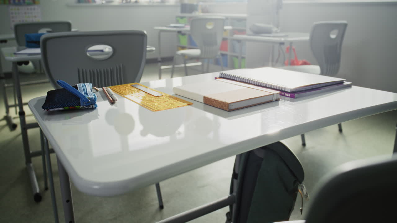 Close Up Shot of School Desk with Student School Supplies Pencil Case Pens and Pencils Notebooks