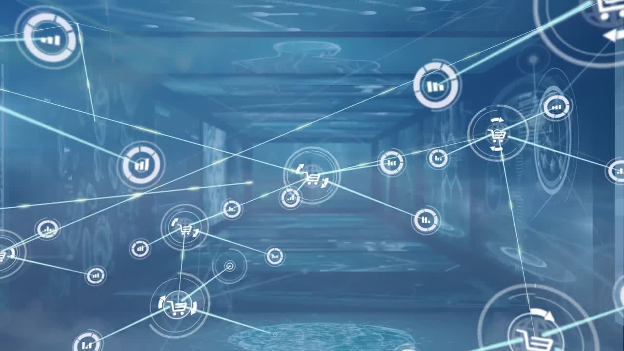 animación de la red de conexiones y procesamiento de datos a través de pantallas.