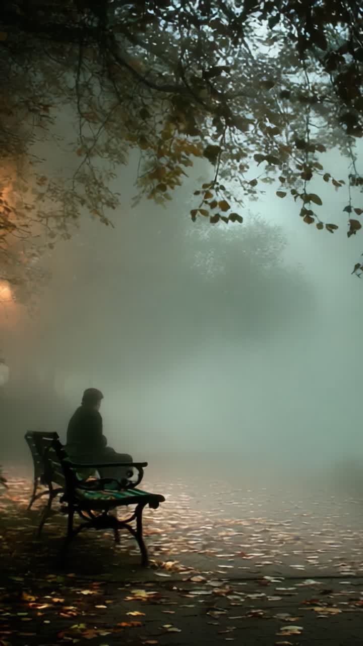 Misty Reflection: A Solitary Figure Seated on a Bench, Engulfed by a Soft Fog and Enveloped in Autumn Leaves, Capturing a Moment of Tranquility and Contemplation