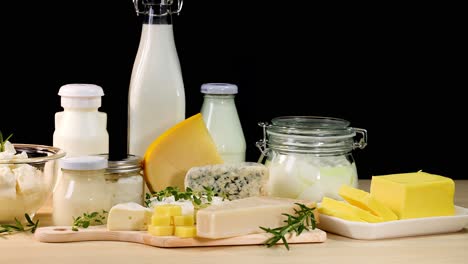 assorted dairy items arranged on a table