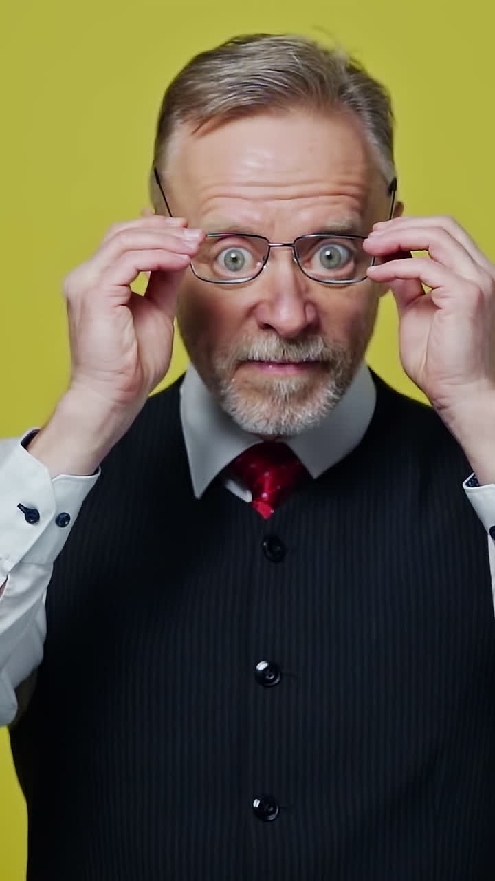 Portrait of a serious elderly man with glasses. Senior businessman putting on glasses and becomes happy on yellow background. Positive emotions. Vertical video