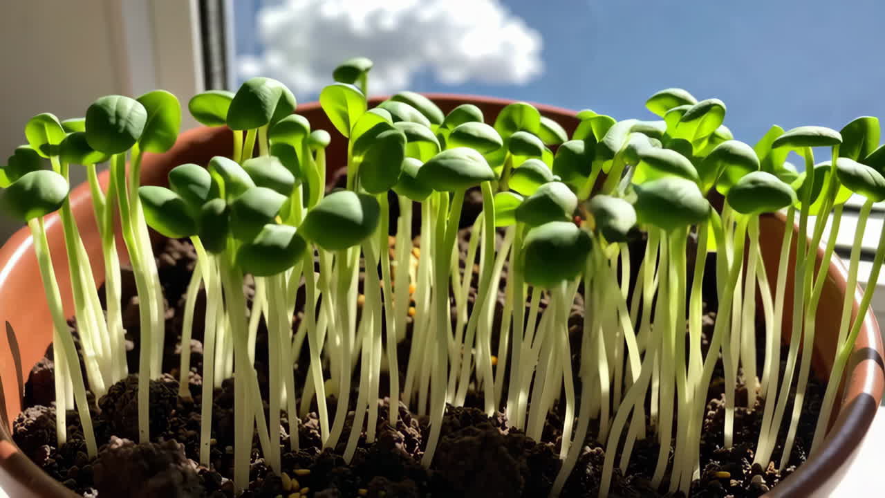 Close-up of seedlings growing in a pot by the window