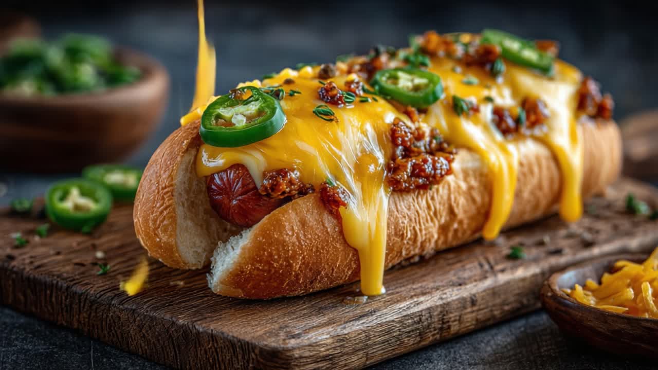 Deliciously Crafted Hot Dog Loaded with Cheese, Spicy Jalapeños, and Flavorful Chili Sauce, Perfectly Served on a Rustic Wooden Board