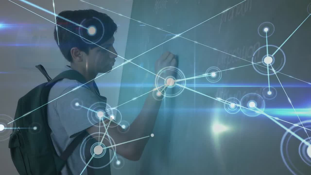 블랙보드에 남성 학생이 쓰는 것에 대한 연결의 반 ⁇ 이는 네트워크