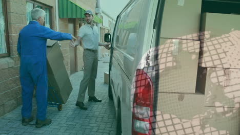 carga de cajas en la furgoneta, trabajadores animados sobre el patrón de cuadrícula