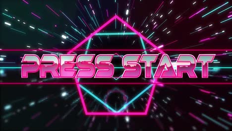 animation of press start text over light trails on black background