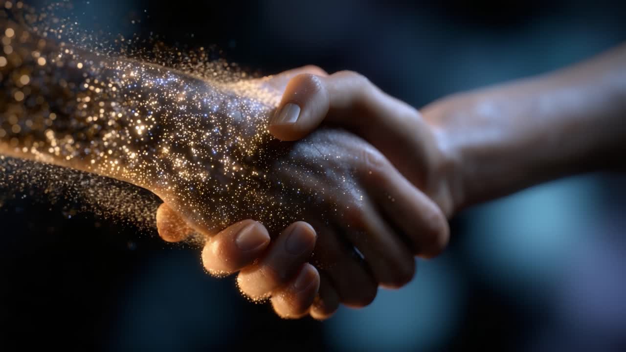 A Dynamic Display of Unity and Connection Through a Handshake Enhanced by Sparkling Particles Emanating from the Touch Creating a Magical Atmosphere