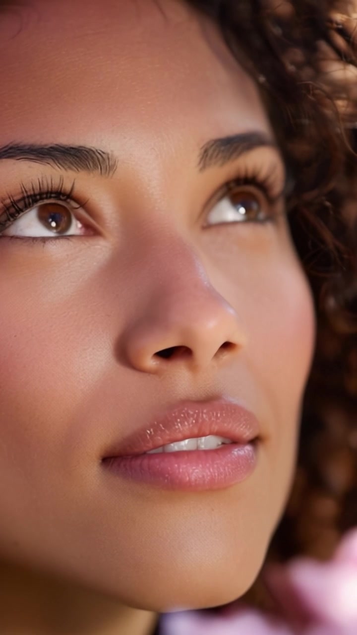 Captivating Close-Up of a Beautiful Woman with Curly Hair Gazing Upward, Highlighting Her Radiant Skin and Engaging Facial Expression Against a Soft Background