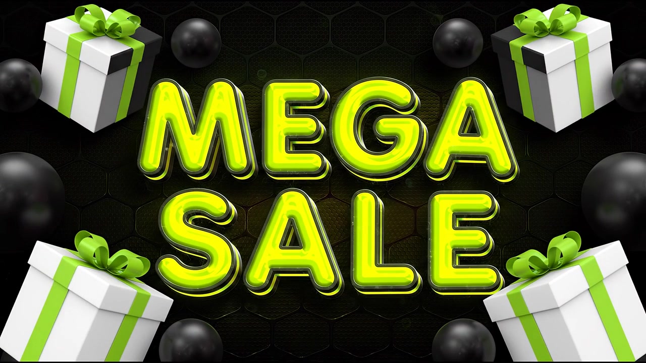 Testo animato "Mega Saldi" con scatole regalo e sfere fluttuanti