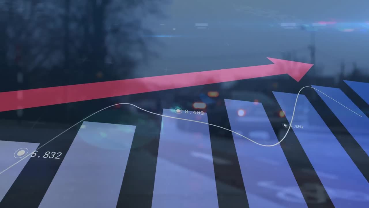 그래프, 숫자 및 배경의 거리 위에 화살표의 애니메이션