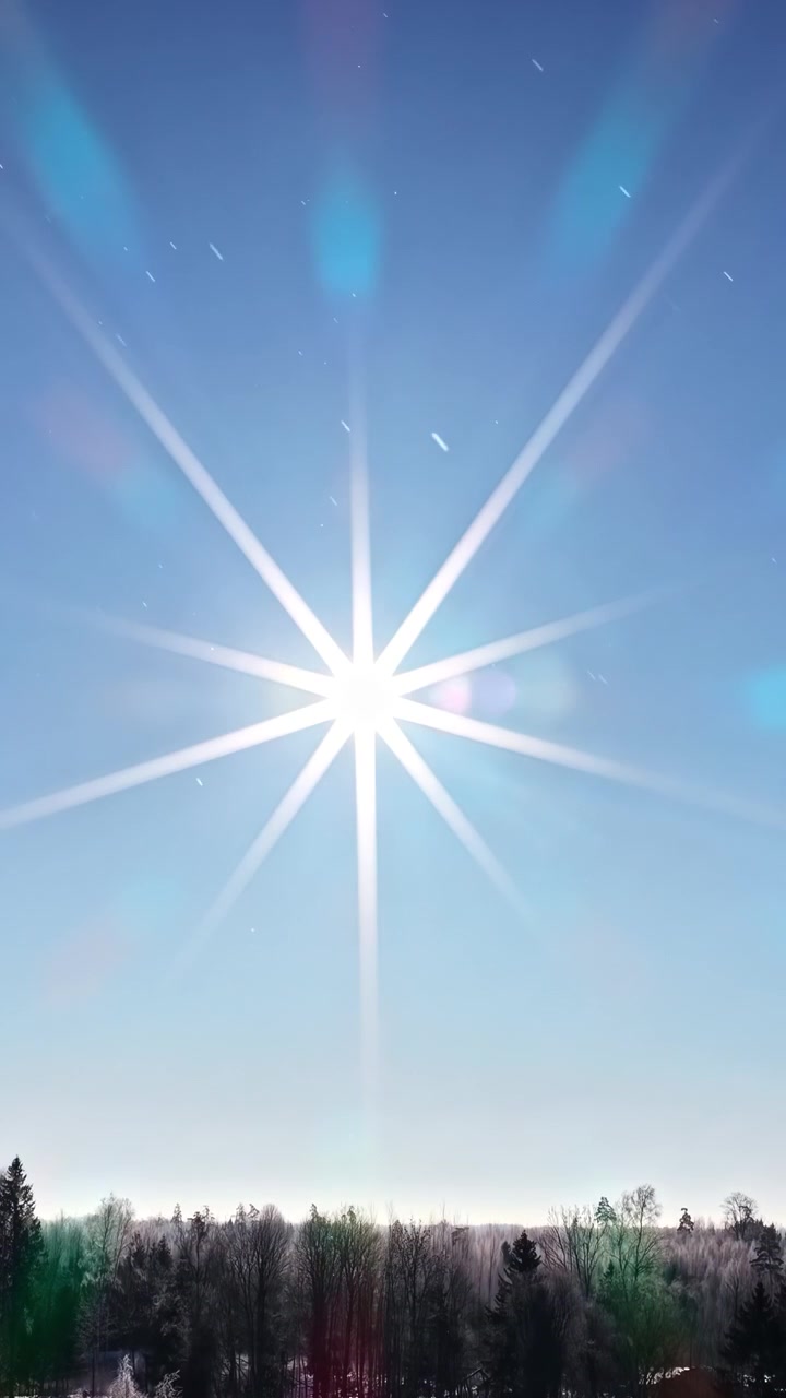The sun creates a striking starburst effect over a frosty forest landscape. Perfect for nature documentaries or winter-themed projects.