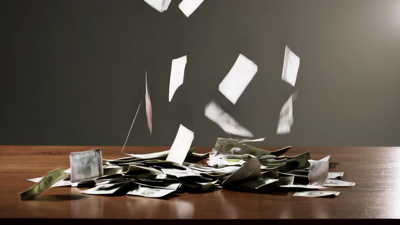 Money Falling on a Wooden Table