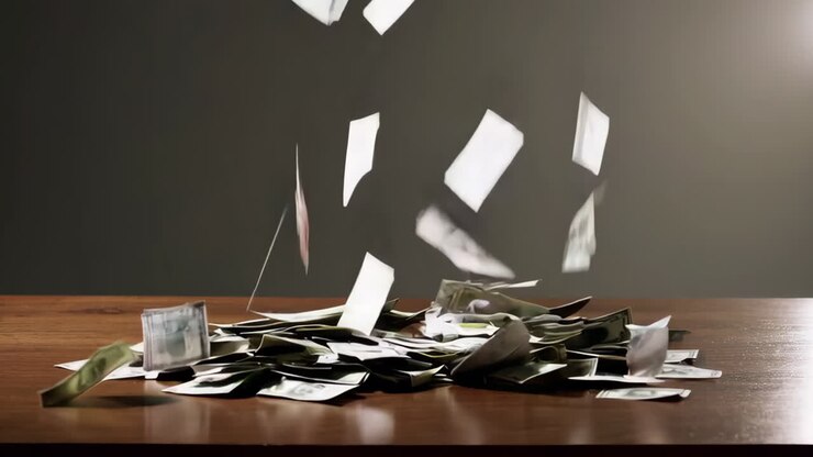 Money Falling on a Wooden Table