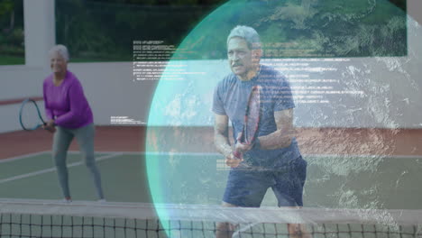 couple playing tennis on outdoor court, showing animated fitness data overlay, racket speed chart