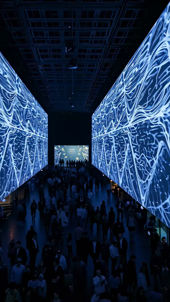 Vertical video: Walking visitors filling exhibit corridor, drawn by blue visuals on side walls
